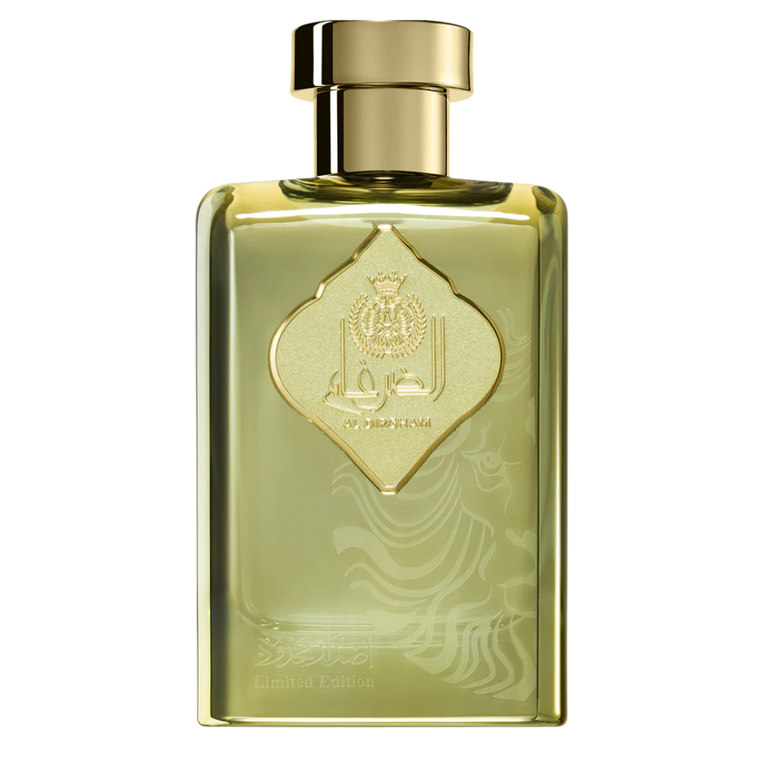 Gold perfume bottle with intricate design on a white background. Al Dirgham Limited Edition by Ard Al Zaafaran Mens Perfume