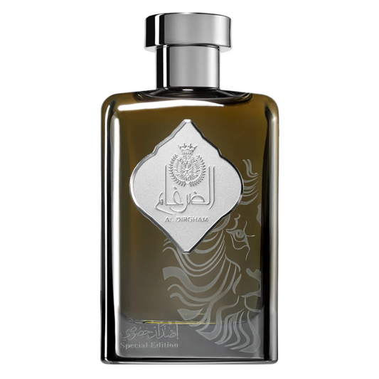 Perfume bottle with silver cap and intricate design on a white background. Al Dirgham Special Edition by Ard Al Zaafaran Unisex Perfume