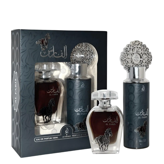 Al Faris perfume set with packaging on a white background