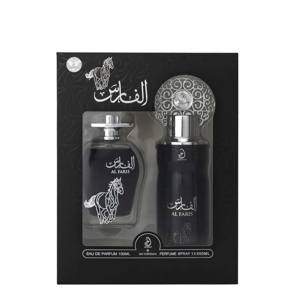Al Faris 2 Piece Gift Set packaging containing 100ml EDP bottle and 200ml perfume mist spray bottle with black and silver design elements on the box.