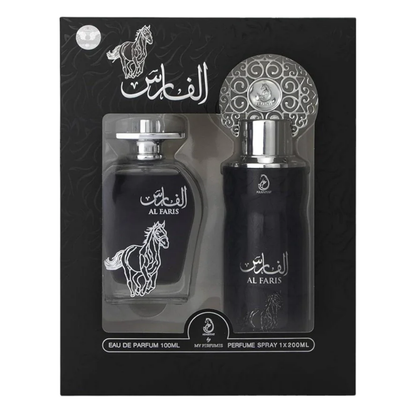 Al Faris 2 Piece Gift Set packaging containing 100ml EDP bottle and 200ml perfume mist spray bottle with black and silver design elements on the box.