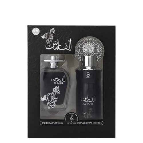 Al Faris 2 Piece Gift Set packaging containing 100ml EDP bottle and 200ml perfume mist spray bottle with black and silver design elements on the box.