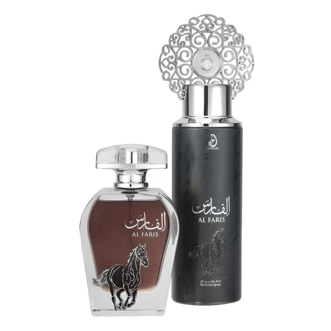 Two perfume bottles with silver and black designs on a white background. Al Faris Giftset by Arabiyat Unisex Perfume