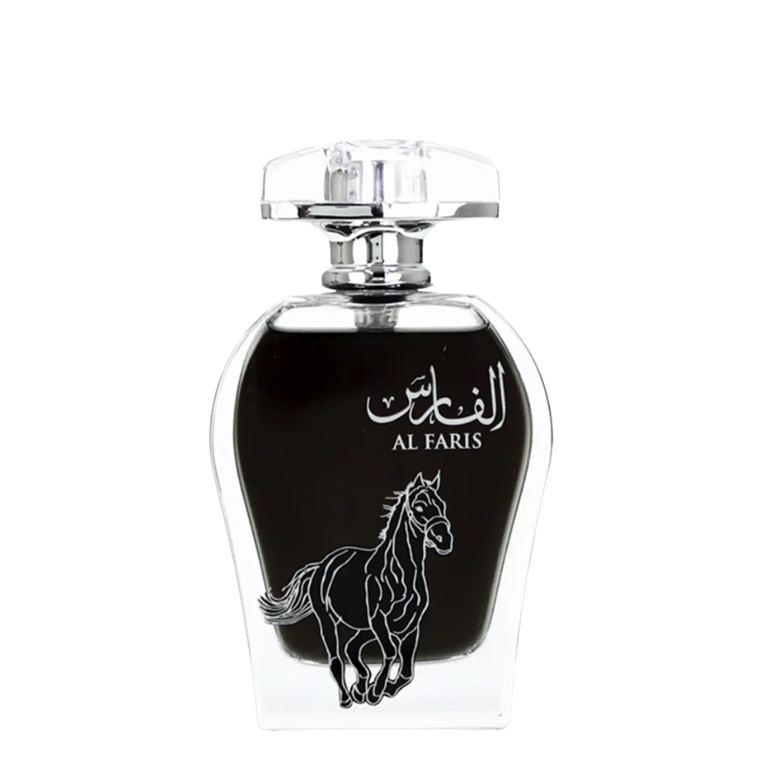 Perfume bottle with horse design and 'Al Faris' branding on a white background. Al Faris by Arabiyat Unisex Perfume