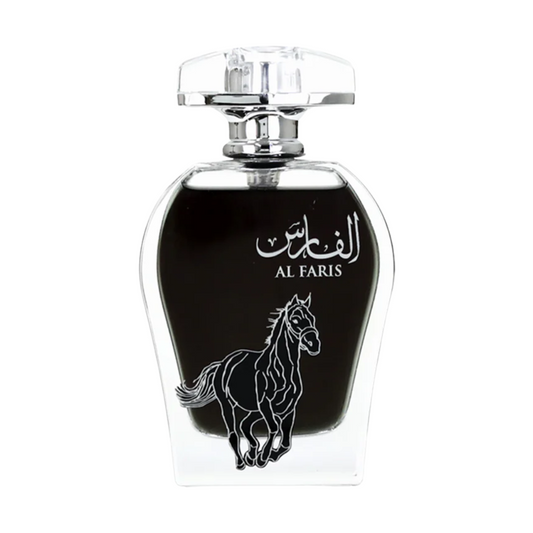 Perfume bottle with horse design and 'Al Faris' branding on a white background. Al Faris by Arabiyat Unisex Perfume