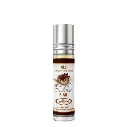A 6 ml roll-on perfume bottle with a silver cap and a white label featuring brown accents and Arabic text, branded Crown Perfumes, on a plain white background. Al Rehab: Choco Musk