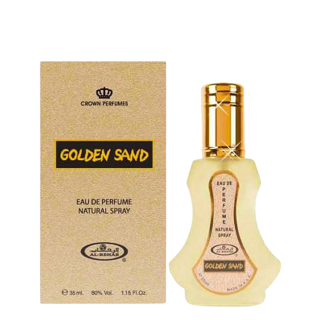 Crown Perfumes Golden Sand Eau de Parfum natural spray bottle next to its textured gold cardboard packaging box, shown on a plain white background.