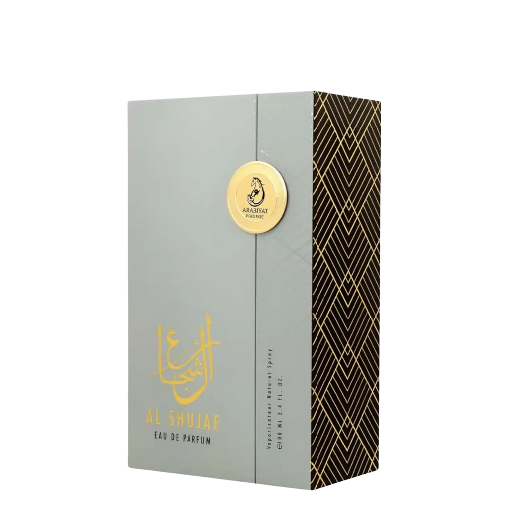Perfume packaging with gold and black design on a white background. Al Shujae by Arabiyat Prestige Unisex Perfume