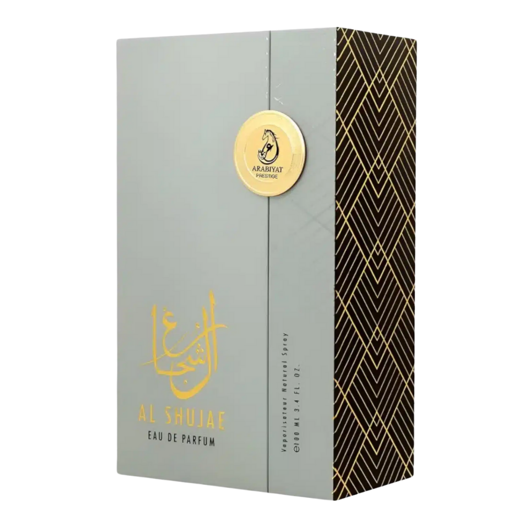 Perfume packaging with gold and black design on a white background. Al Shujae by Arabiyat Prestige Unisex Perfume