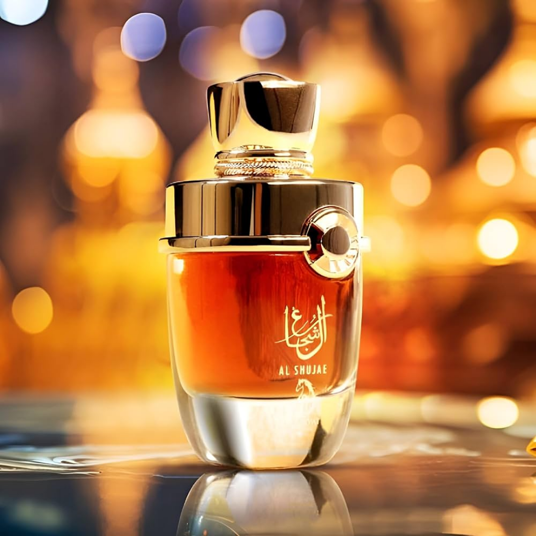 Perfume bottle with gold cap and reflective surface against a blurred warm-toned background. Al Shujae by Arabiyat Prestige Unisex Perfume