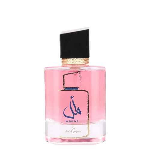 Pink perfume bottle with black cap on a white background. Amal by Ard Al Zaafaran Womens Perfume