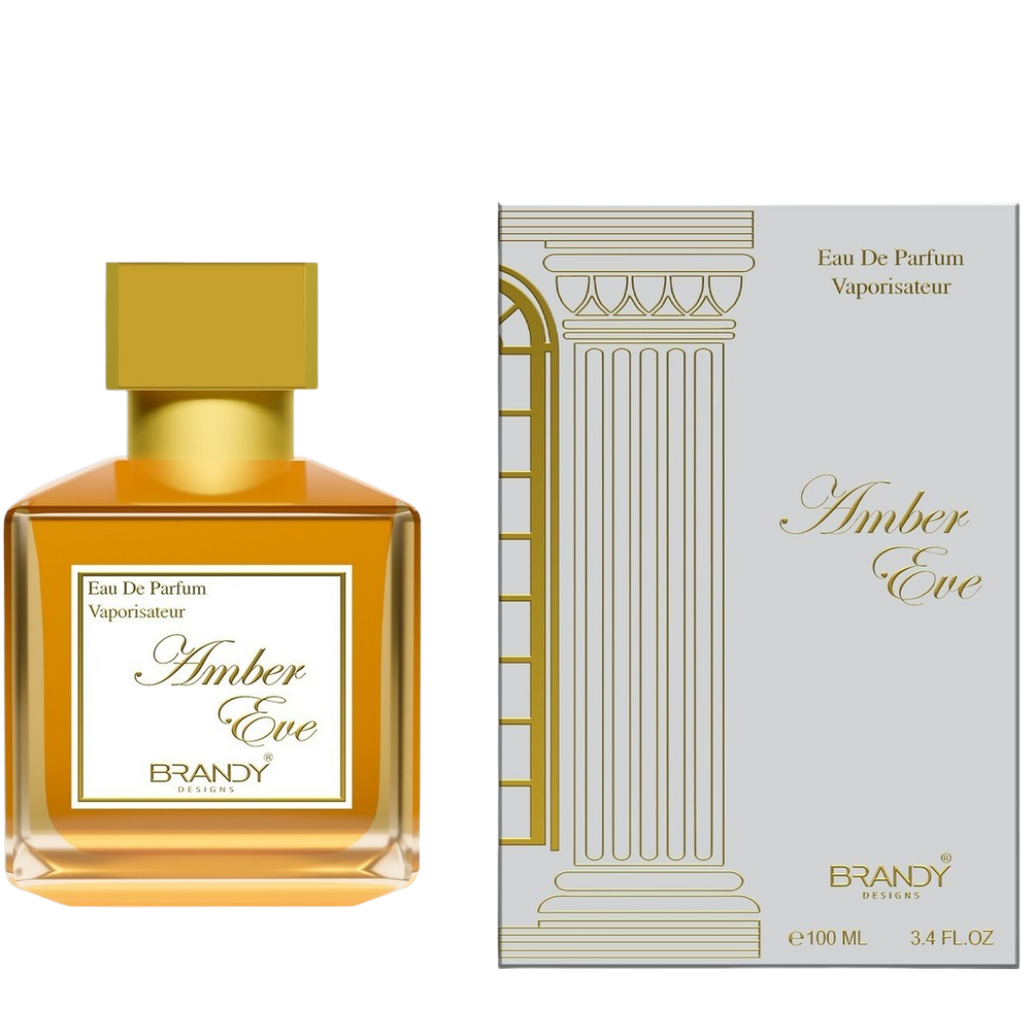 Amber Eve perfume bottle and packaging on a white background. Amber Eve by Brandy Designs Unisex Perfume.