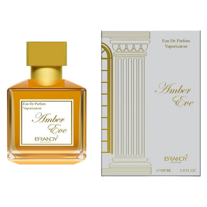 Amber Eve perfume bottle and packaging on a white background. Amber Eve by Brandy Designs Unisex Perfume.
