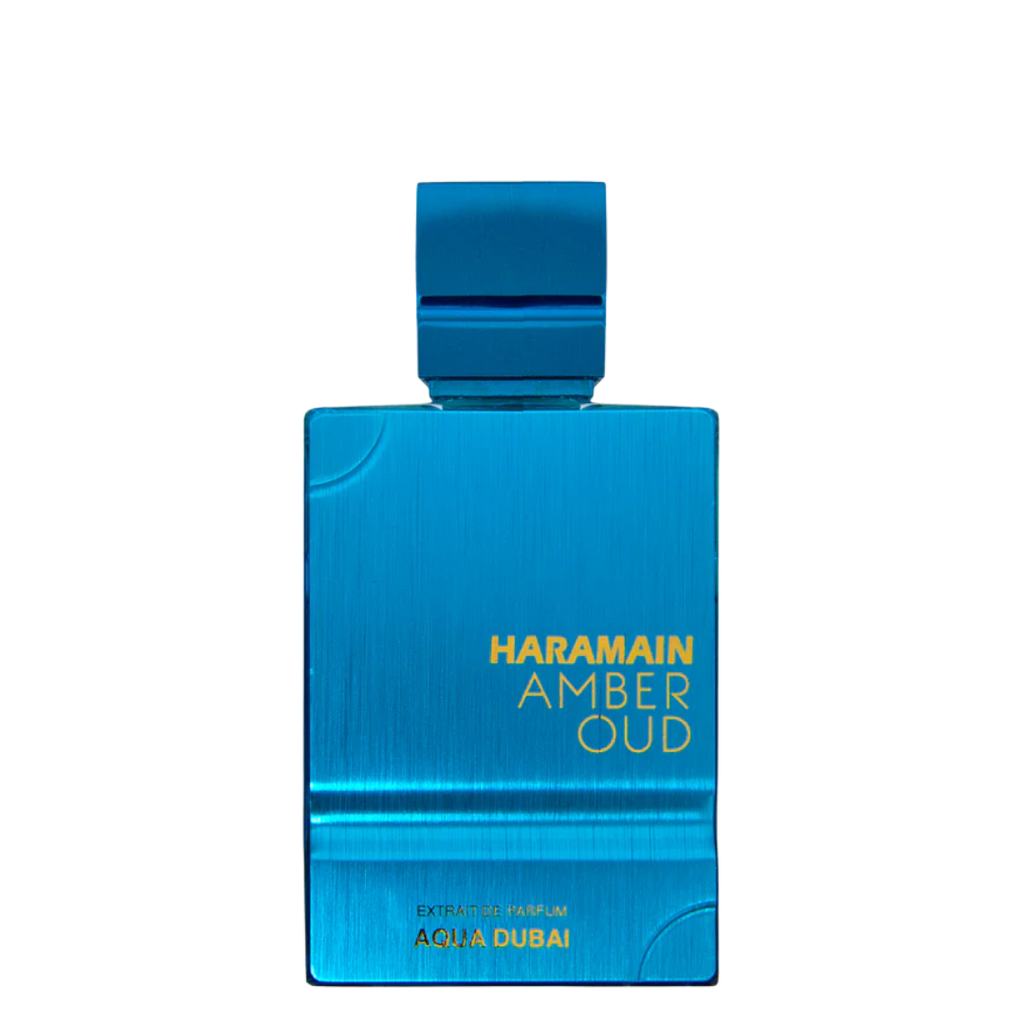 Blue perfume bottle labeled 'Haramain Amber Oud' on a white background. Amber Oud Aqua Dubai by Al Haramain Unisex Perfume