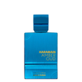 Blue perfume bottle labeled 'Haramain Amber Oud' on a white background. Amber Oud Aqua Dubai by Al Haramain Unisex Perfume