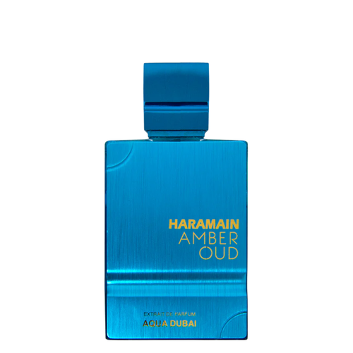 Blue perfume bottle labeled 'Haramain Amber Oud' on a white background. Amber Oud Aqua Dubai by Al Haramain Unisex Perfume