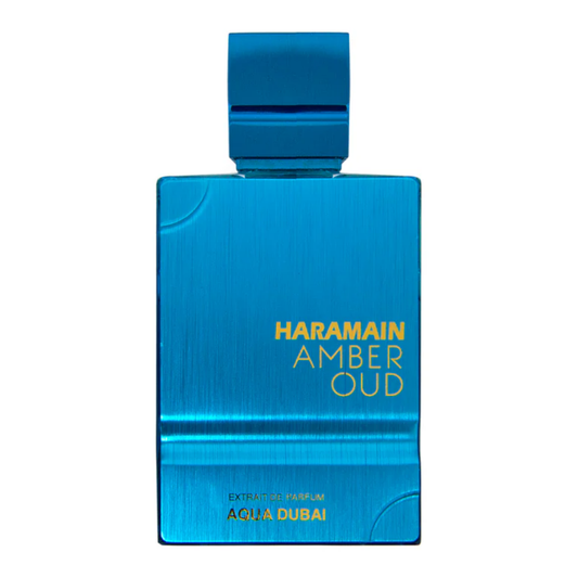 Blue perfume bottle labeled 'Haramain Amber Oud' on a white background. Amber Oud Aqua Dubai by Al Haramain Unisex Perfume