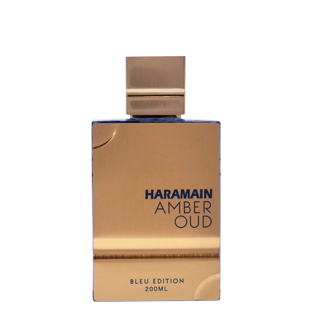 Gold perfume bottle with 'Haramain Amber Oud' text on a white background