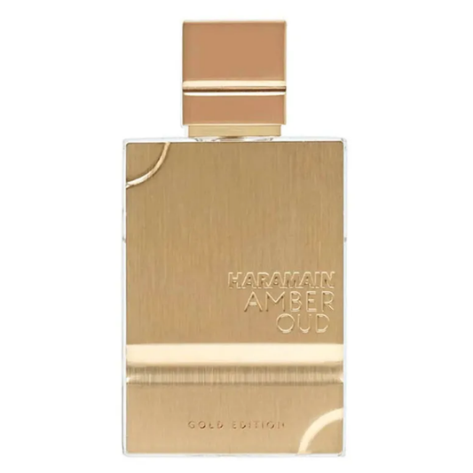 Gold perfume bottle with 'Haramain Amber Oud' branding on a white background. Amber Oud Gold Edition by Al Haramain Unisex Perfume