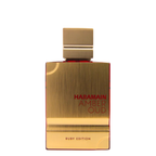Gold perfume bottle with 'Haramain Amber Oud' text on a white background. Amber Oud Ruby Edition by Al Haramain Unisex Perfume