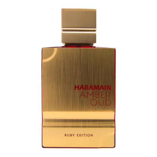 Gold perfume bottle with 'Haramain Amber Oud' text on a white background. Amber Oud Ruby Edition by Al Haramain Unisex Perfume