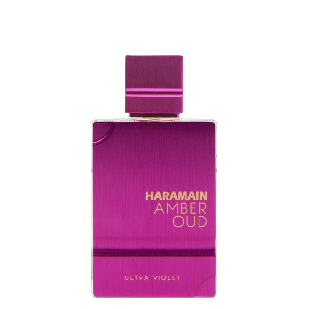 Purple perfume bottle with 'Haramain Amber Oud Ultra Violet' text on a white background