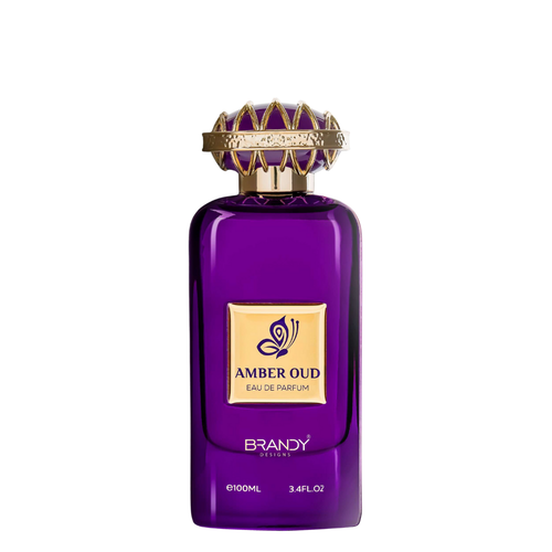 Purple perfume bottle with gold cap and label on a white background. Amber Oud by Brandy Designs Unisex Perfume