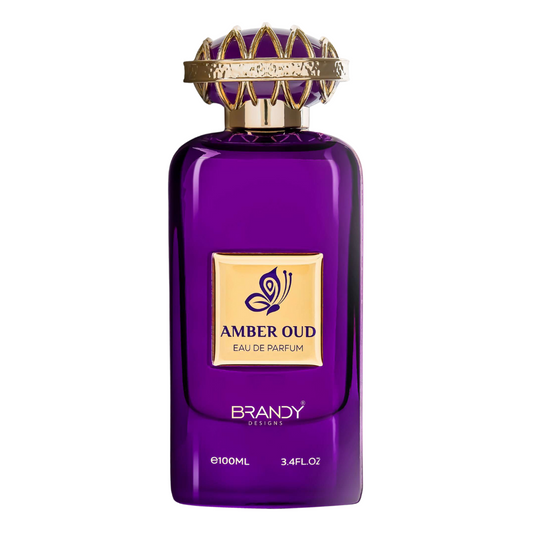 Purple perfume bottle with gold cap and label on a white background. Amber Oud by Brandy Designs Unisex Perfume