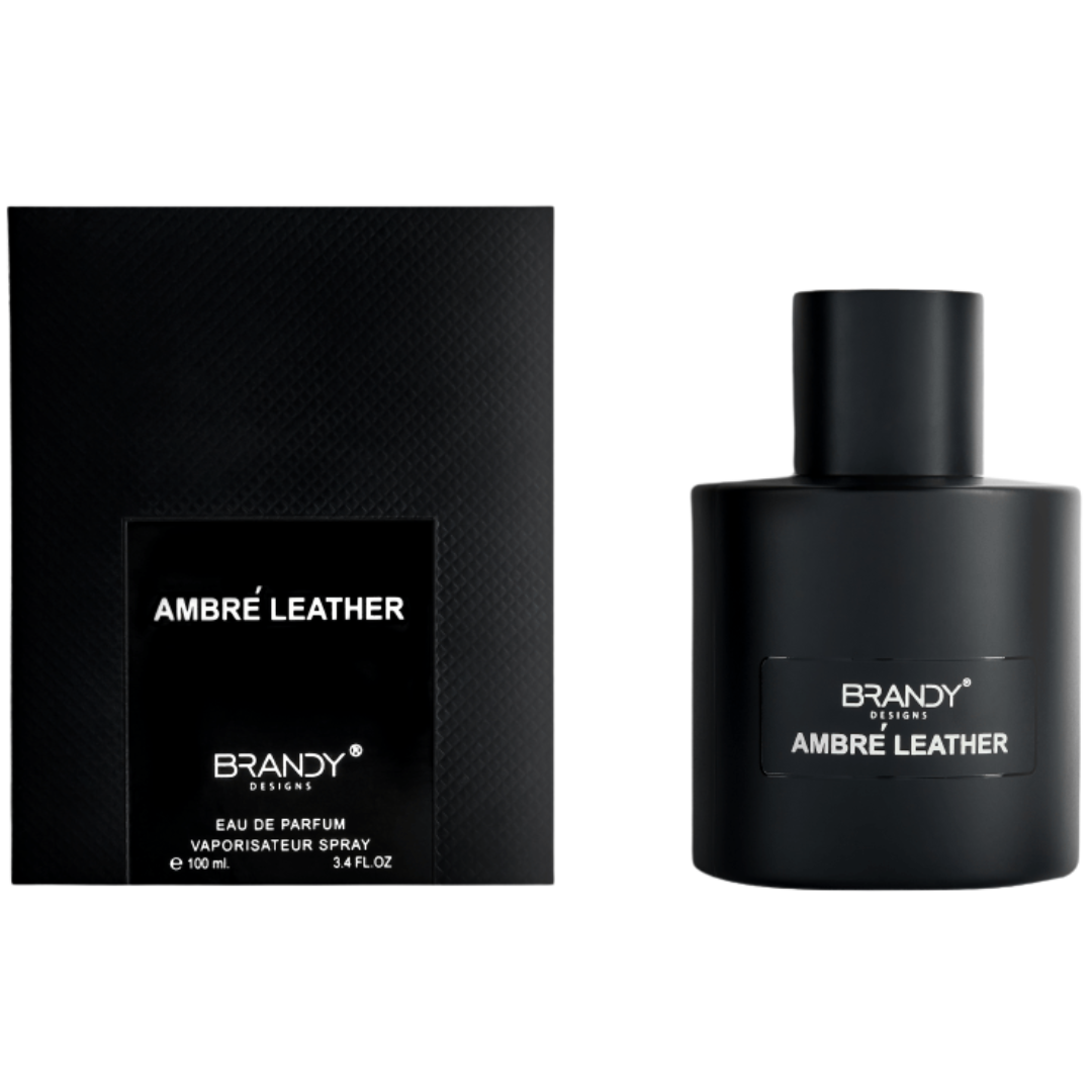 Black Brandy Ambre Leather perfume bottle and packaging on a white background