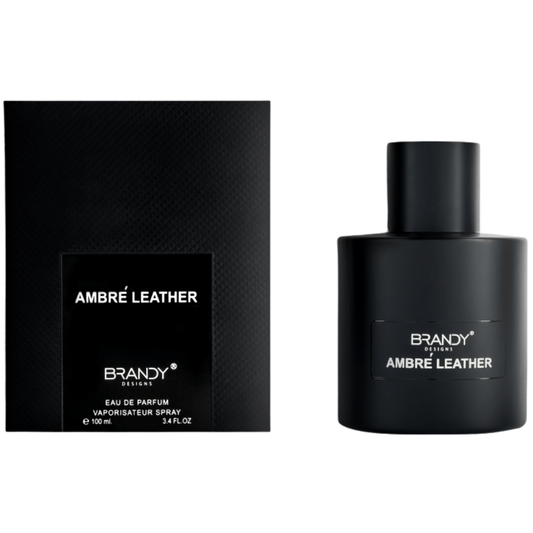 Black Brandy Ambre Leather perfume bottle and packaging on a white background