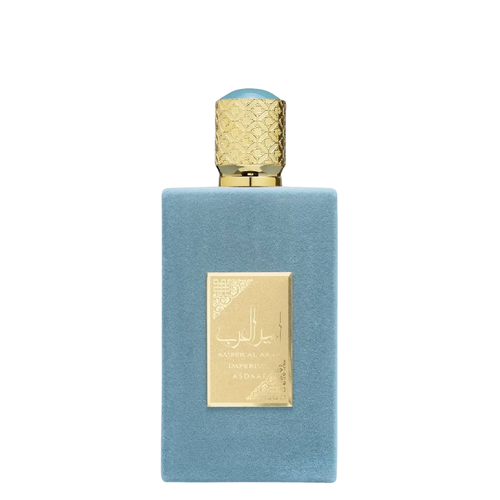 A blue bottle of Ameer Al Arab Imperium perfume with a gold cap and label, on a white background.