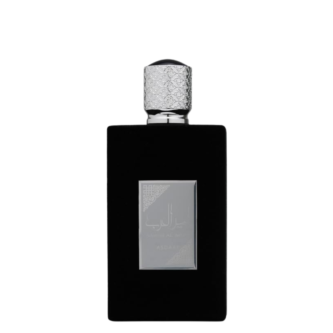 A black bottle of Ameer Al Arab perfume with a label and a metallic cap, representing the 100ml EDP by Asdaaf (Lattafa).