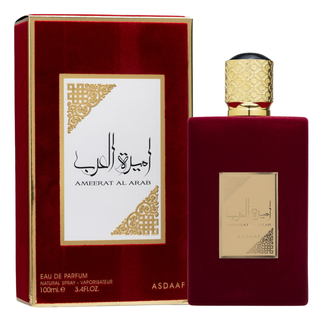 Ameerat Al Arab perfume bottle & box – elegant Arabian fragrance with gold and red design, symbolizing luxury and oriental allure. Clone / dupe of / inspired by Armani - My Way perfume.