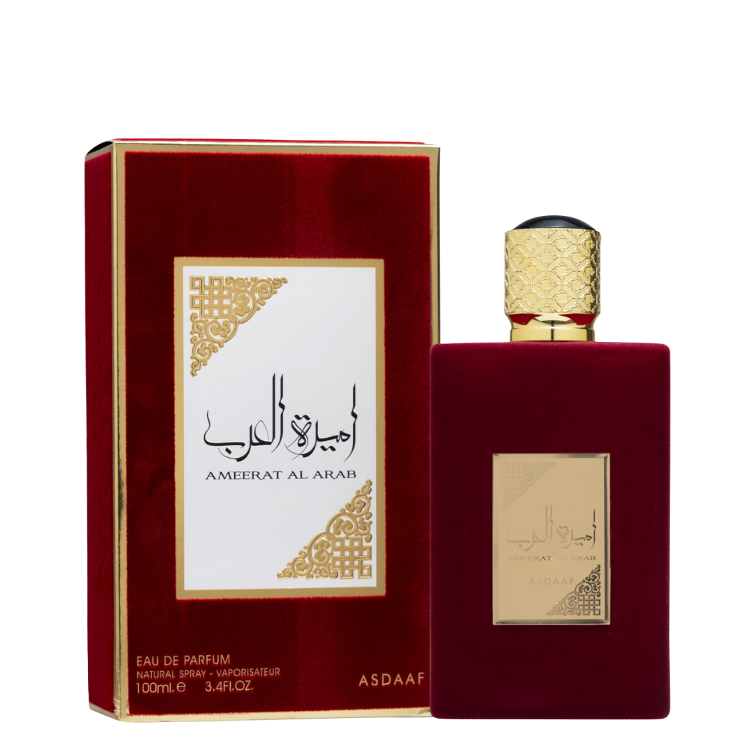 Ameerat Al Arab perfume bottle & box – elegant Arabian fragrance with gold and red design, symbolizing luxury and oriental allure. 