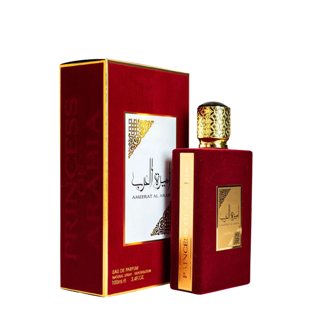 Ameerat Al Arab perfume bottle & box different angle– elegant Arabian fragrance with gold and red design, symbolizing luxury and oriental allure. 