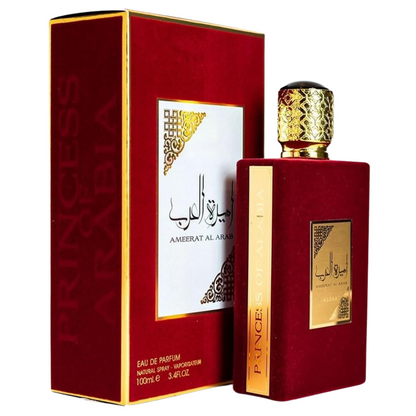 Ameerat Al Arab perfume bottle & box different angle– elegant Arabian fragrance with gold and red design, symbolizing luxury and oriental allure. Clone / dupe of / inspired by Armani - My Way perfume.