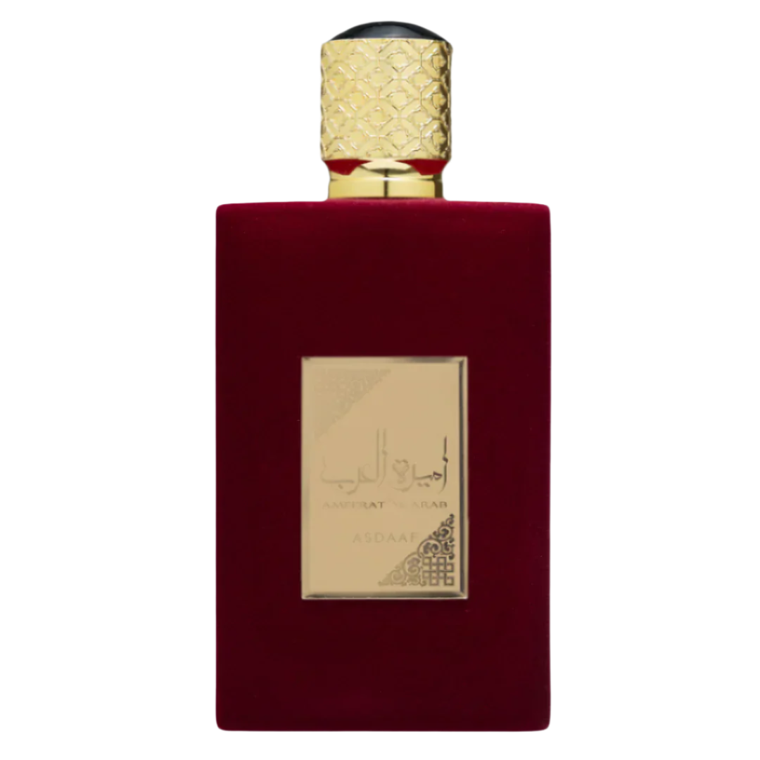 Ameerat Al Arab perfume bottle – elegant Arabian fragrance with gold and red design, symbolizing luxury and oriental allure. Clone / dupe of / inspired by Armani - My Way perfume.