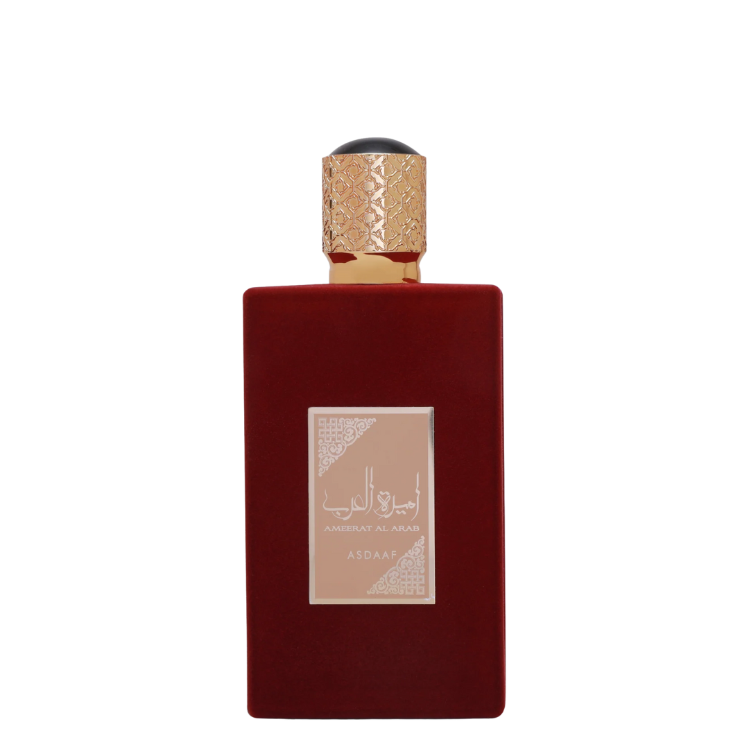 Ameerat Al Arab perfume bottle – elegant Arabian fragrance with gold and red design, symbolizing luxury and oriental allure. 