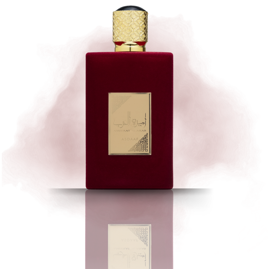 Ameerat Al Arab perfume bottle – elegant Arabian fragrance with gold and red design, symbolizing luxury and oriental allure. 