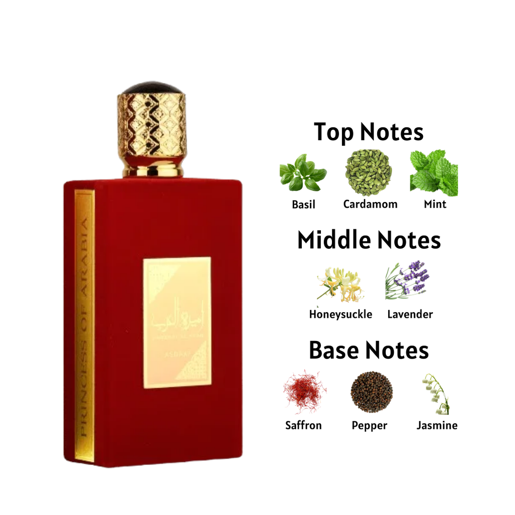 Ameerat Al Arab perfume bottle – elegant Arabian fragrance with gold and red design, symbolizing luxury and oriental allure. Perfume ingredients displayed. 