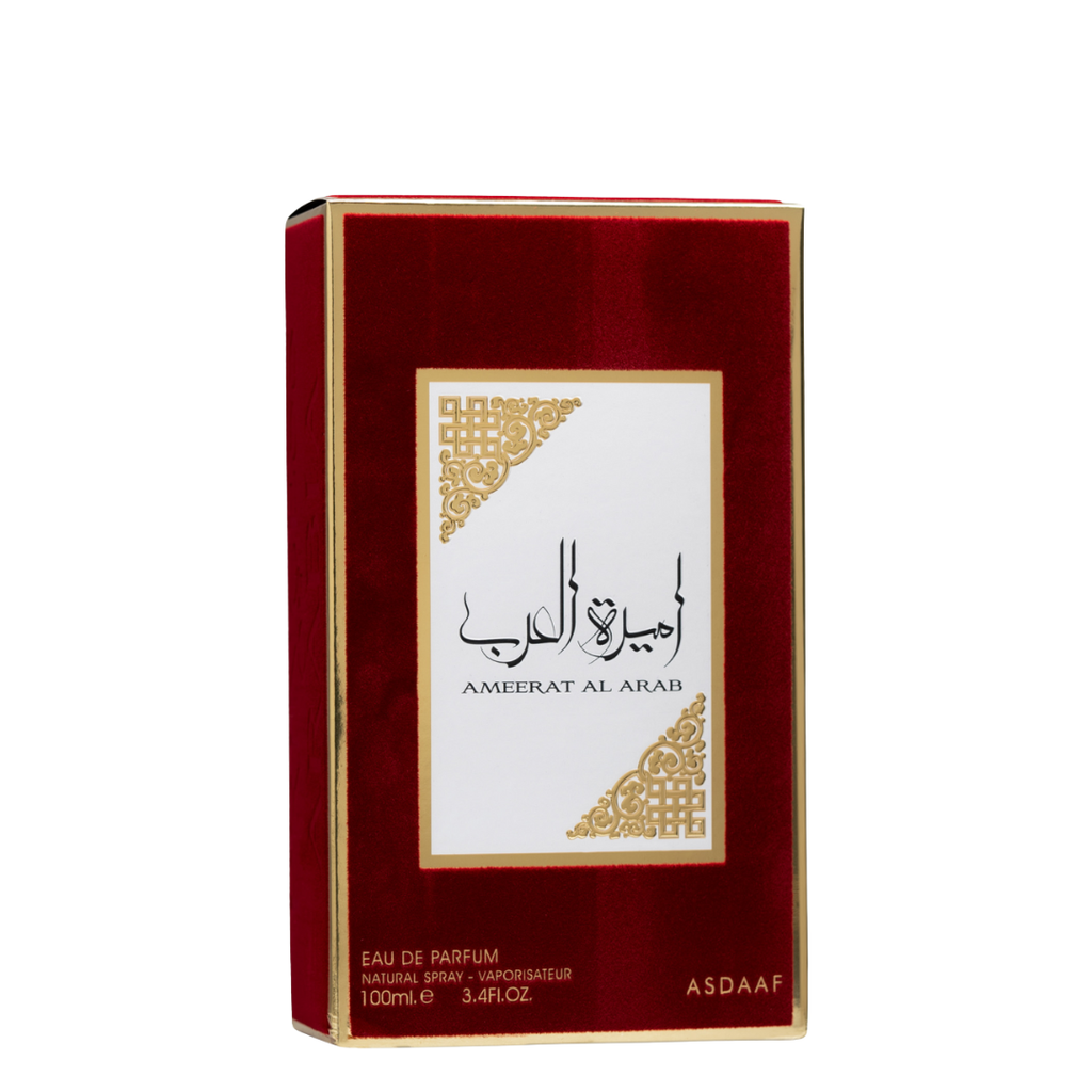 Ameerat Al Arab perfume box – elegant Arabian fragrance with gold and red design, symbolizing luxury and oriental allure. 