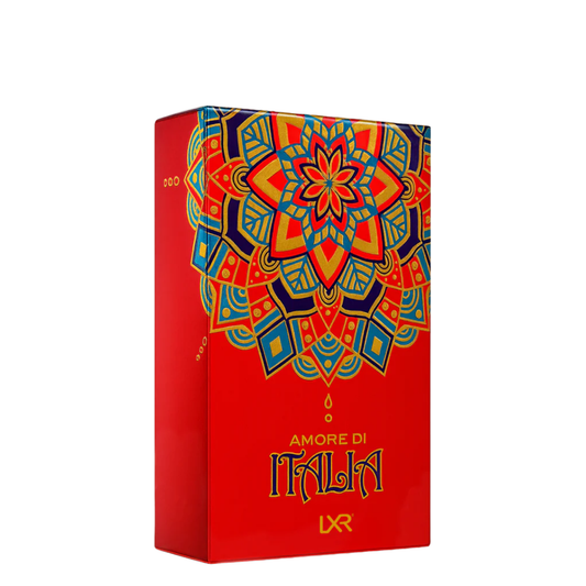 Red box with colorful geometric design and 'Amore di Italia' text on a white background. Amore di Italia by LXR Womens Perfume