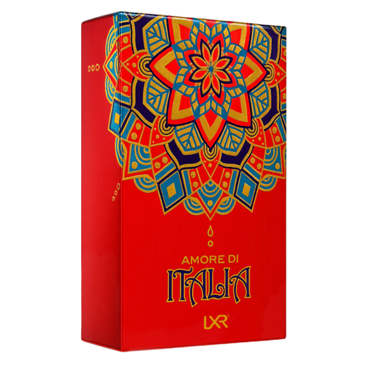 Red box with colorful geometric design and 'Amore di Italia' text on a white background. Amore di Italia by LXR Womens Perfume