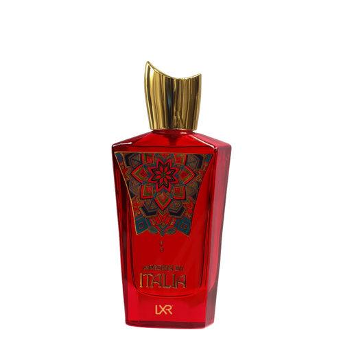 Red perfume bottle with intricate design and gold cap on a white background. Amore di Italia by LXR Womens Perfume