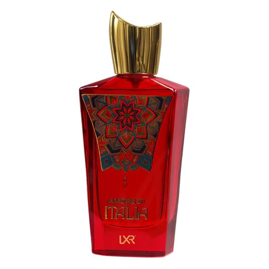 Red perfume bottle with intricate design and gold cap on a white background. Amore di Italia by LXR Womens Perfume