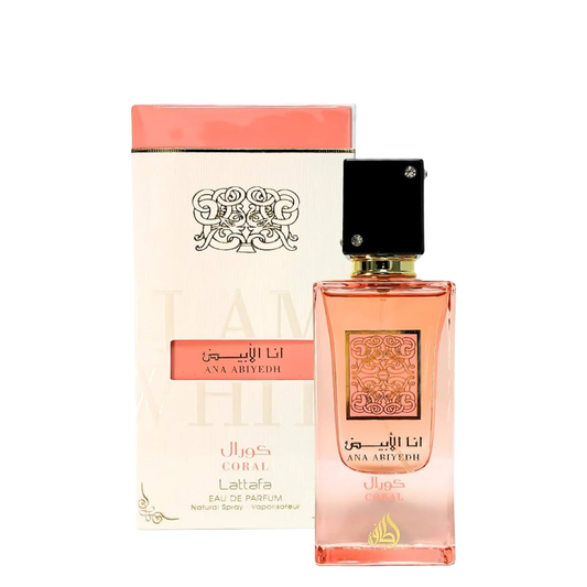 Lattafa Ana Abiyedh Coral perfume with packaging β luxurious pink fragrance for women, floral and fruity scent in stylish bottle and box. Clone / dupe of / inspired by Wavechild - Room 1015 perfume.