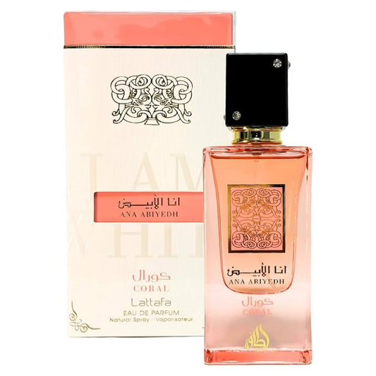 Lattafa Ana Abiyedh Coral perfume with packaging – luxurious pink fragrance for women, floral and fruity scent in stylish bottle and box. Clone / dupe of / inspired by Wavechild - Room 1015 perfume.