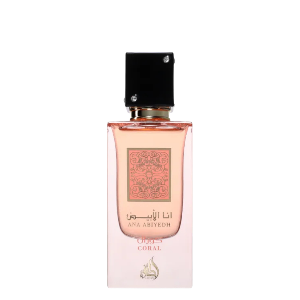 Lattafa Ana Abiyedh Coral Eau de Parfum – elegant pink fragrance bottle with black cap, featuring intricate golden pattern and Arabic calligraphy. A bottle of Ana Abiyedh Coral Eau De Parfum by Lattafa with a pink hue and decorative patterns on the label. 