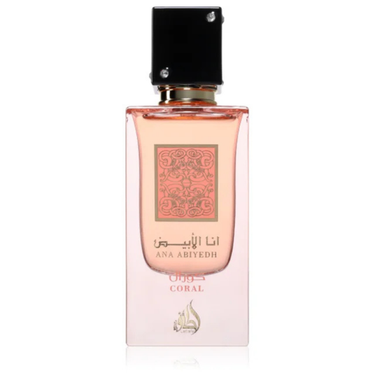 Lattafa Ana Abiyedh Coral Eau de Parfum – elegant pink fragrance bottle with black cap, featuring intricate golden pattern and Arabic calligraphy. A bottle of Ana Abiyedh Coral Eau De Parfum by Lattafa with a pink hue and decorative patterns on the label. Clone / dupe of / inspired by Wavechild - Room 1015 perfume.