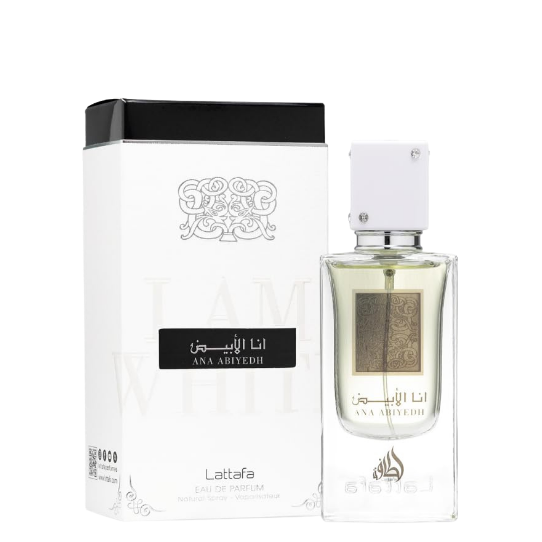 Lattafa Ana Abiyedh perfume with luxury packaging – clear glass bottle and stylish white box with Arabic calligraphy, unisex niche fragrance. 